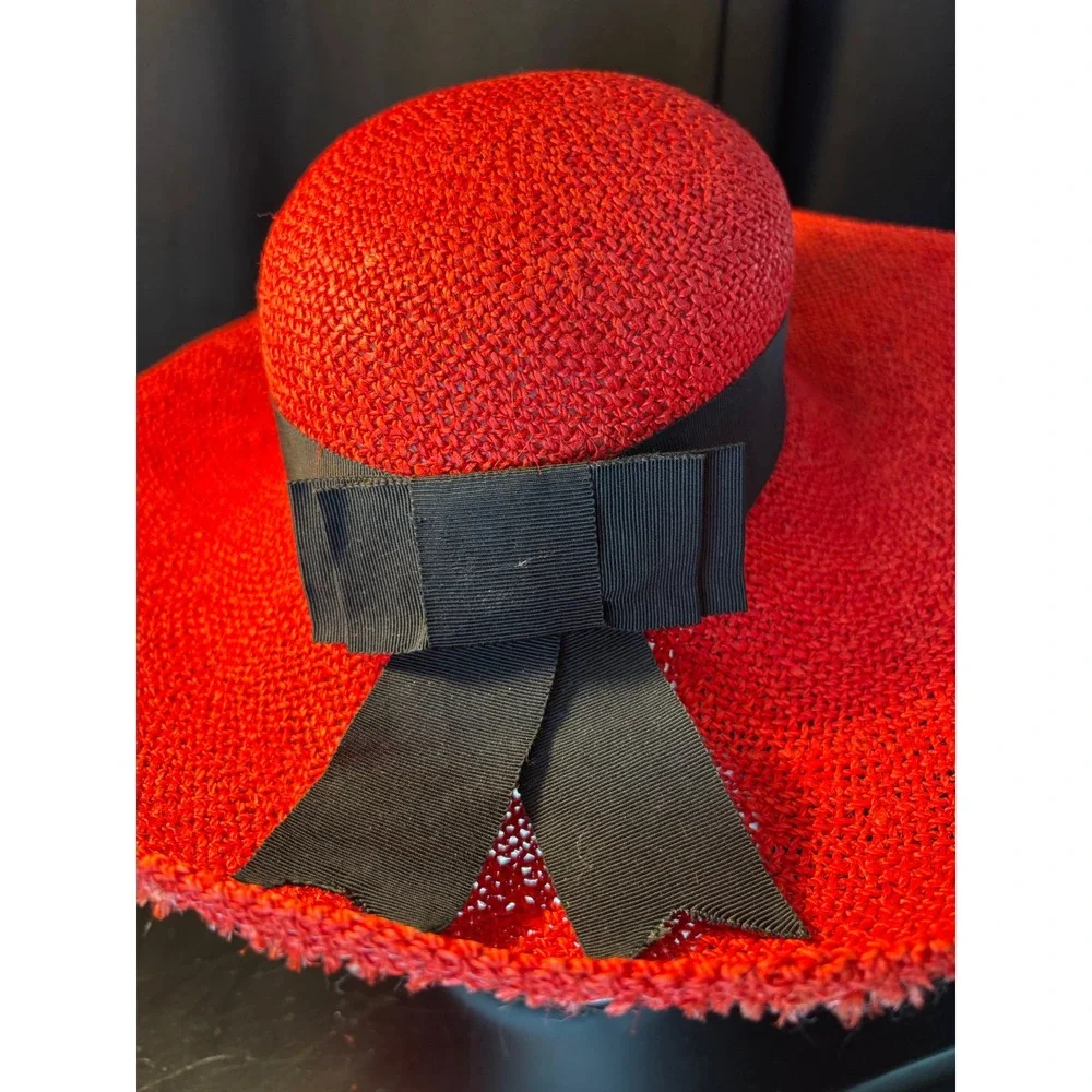 Liz Claibor Red Straw Sun Hat Wide Brim Black Grosgrain Ribbon Bow Vintage Style